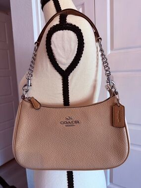 Coach Pebbled Leather Shoulder Bag in Taupe and Cream